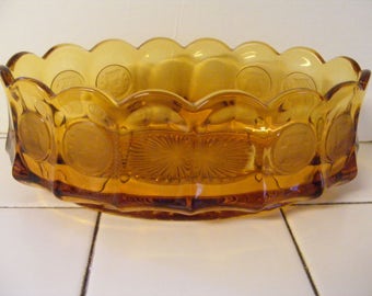 Vintage Collectible RETRO AMBER FOSORIA glass Eagle Coin Pattern large console bowl gorgeous oval panelled with frosted coins