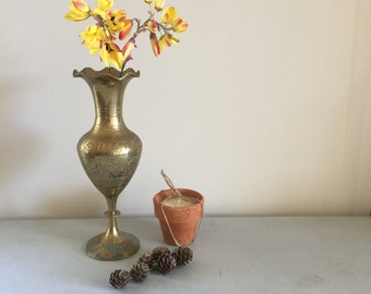 Reserved Brass metal vase vintage etched patterned patina tarnished