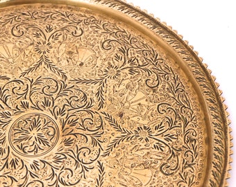 Vintage Indian Brass Tray, Brass Serving Tray, Mid Century Tray, Round Brass Drinks Tray, Engraved Brass Tea Tray, Round Coffee table Tray
