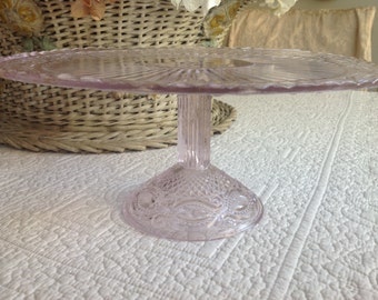 Beautiful vintage shabby cottage pink pressed glass cake plate