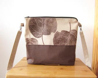 Handprinted brown bag, Crossbody bag, leaves stamp,Cotton handbag, Every day bag, shoulder bag, Vegan bag