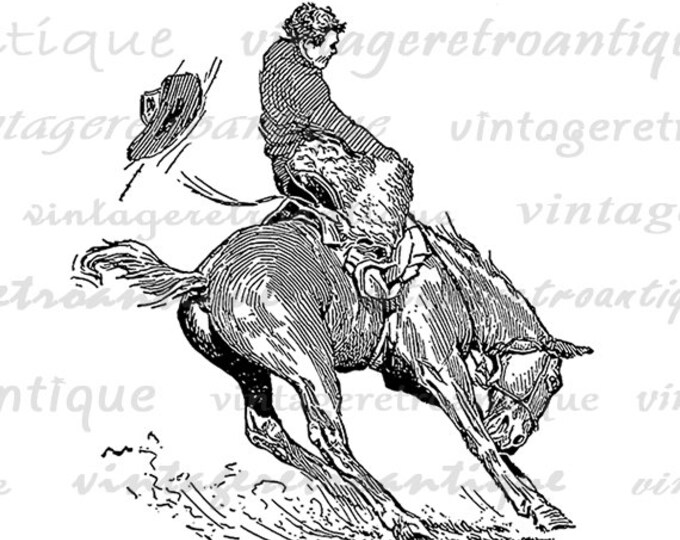 Printable Image Bucking Bronco Horse Cowboy Download Horseback Rider Digital Graphic Artwork Vintage Clip Art HQ 300dpi No.3148