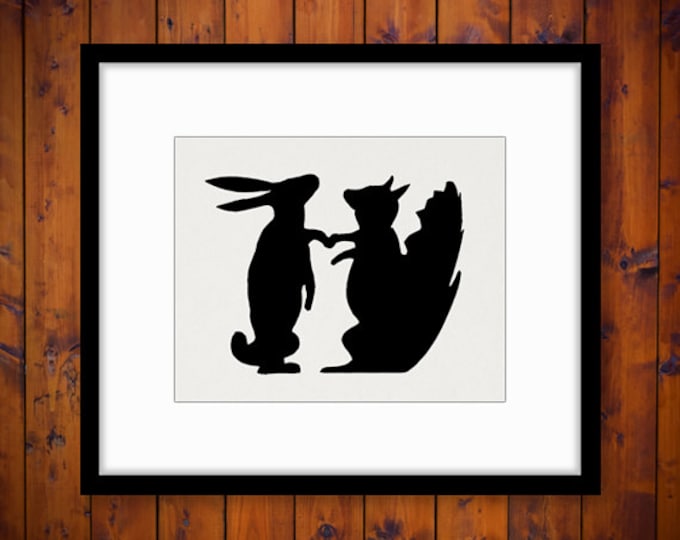 Printable Rabbit and Squirrel Silhouette Image Digital Download Graphic Antique Clip Art Jpg Png Eps HQ 300dpi No.3338