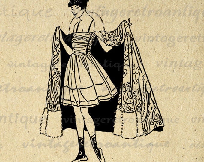 Old Fashioned Woman with Skirt and Cape Graphic Image Digital Download Printable Vintage Clip Art Jpg Png Eps HQ 300dpi No.4256