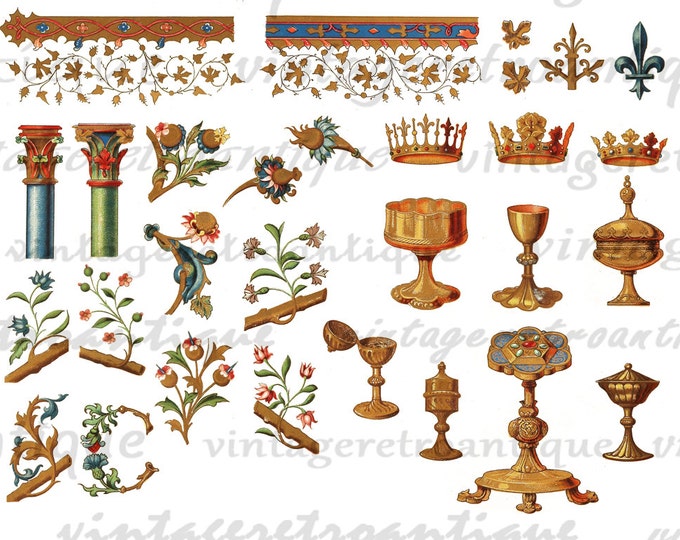 Printable Image Royal Collage Sheet Digital Crown Goblet Chalice Graphic Gold Treasure Download Antique Clip Art HQ 300dpi No.211