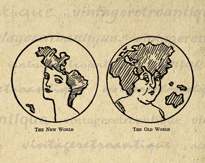 Earth as Woman's Faces New World Old World Printable Graphic Digital Download Image Antique Clip Art Jpg Png Eps HQ 300dpi No.1924