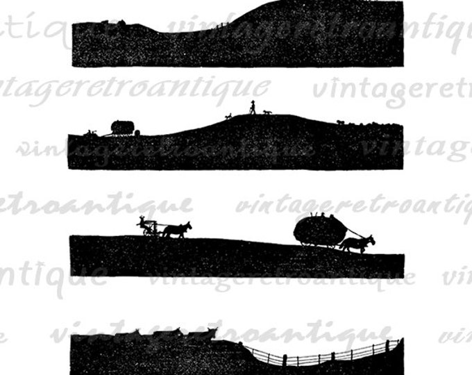 Farm Silhouettes Graphic Printable Download Farm with Cows and Horses Image Digital Jpg Png Eps HQ 300dpi No.3872