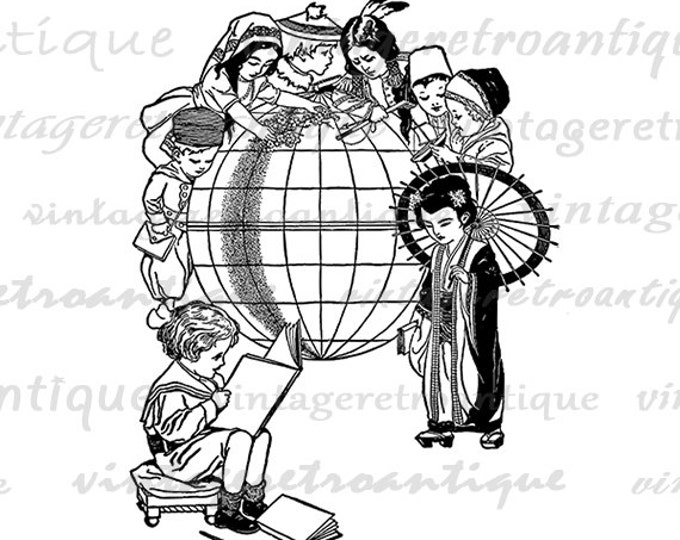 Printable Image Reading Graphic Books Digital World Globe Download Vintage Clip Art Jpg Png Eps HQ 300dpi No.3024