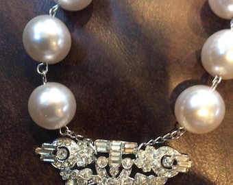 Oversize Pearl and Rhinestone Dress Clip Necklace