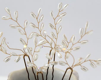 Laurel Bridal Hair Pin Set, Pearl Hair Pins, Crystal Hair Pins, Wedding Hair Accessory.