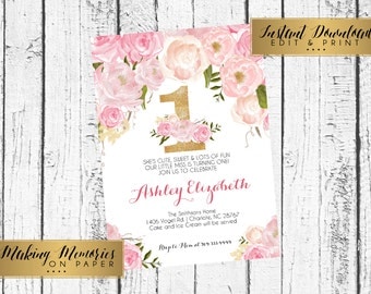 Pink and gold First Birthday Invitation, INSTANT DOWNLOAD Watercolor Flowers, One Invitation, birthday invitation, DIY, first Birthday,