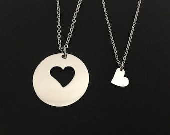 Two Heart Necklaces. Personalized Heart Necklace Set. Mother Daughter Necklaces. Matching Necklaces. Family Necklaces. Stainless Steel Heart