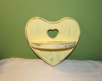 Yellow distressed wood heart shelf, reclaimed wood, knotted wood, hand painted