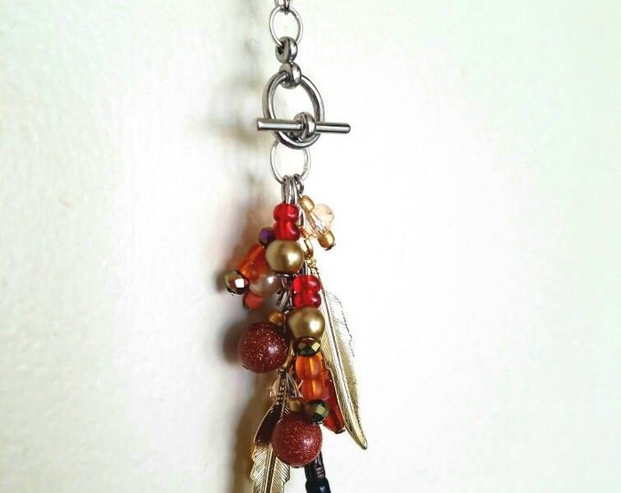 Interchangeable Brown Red Gold Yellow Orange Beaded Crystal Gold Feather Cluster Toggle Pendant