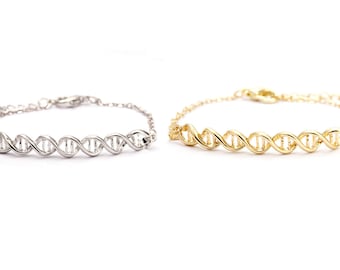 DNA Bracelet, silver or yellow gold finish, chromosome, science jewelry, biology, chemistry, helix, doctor gift, nurse gift, under 10