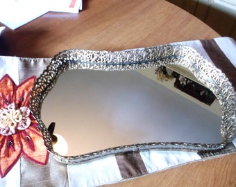 Large Vintage Filigree Mirrored Vanity Dresser Tray