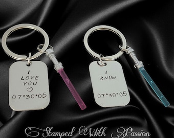 Star Wars Themed- Hans Solo-Light Saber charm-I Love You I Know-Couples-Hand Stamped Jewelry-Star Wars keychains-Jedi