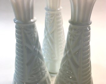 Vintage Retro Mid Century Modern White Milk Glass Bud Vases Cut Glass Vases SET OF THREE