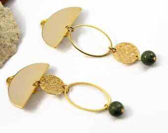 Khaki earrings, Asymmetrical earrings, Clip on dangle earrings, Half-Moon earrings, Geometric Clip on earrings, mismatched earrings, Boho