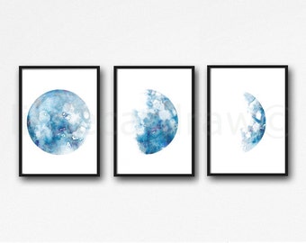 Moon Phase Print Set of 3 Watercolor Prints Luna Bedroom Wall Decor Minimalist Blue Moon Lunar Phases Moon Art Wall Art 3 Art Prints