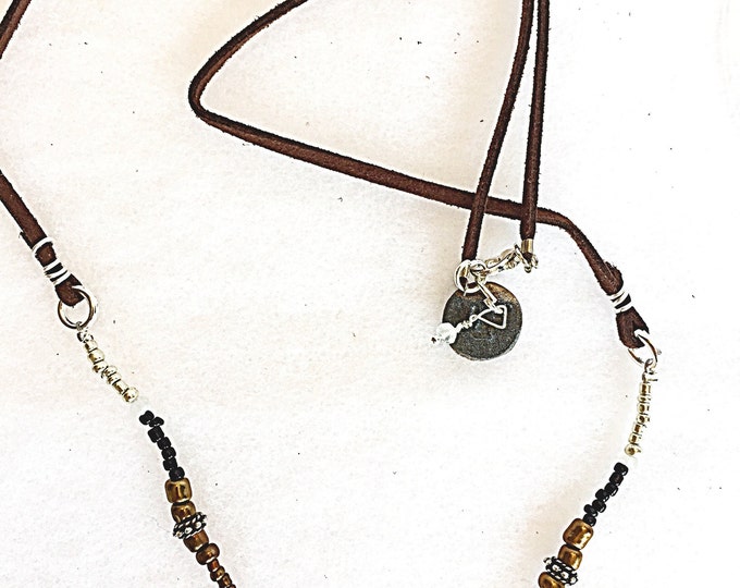 Tribal Silver Turquoise and Goldstone Bear Large Pendant Necklace, Moonstone, Seed Bead and Brown Suede Necklace, Metallic