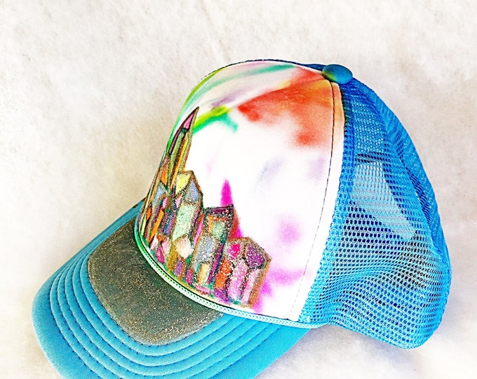 Glitter Neon Aura Crystal Cluster Hand Painted Light Blue Trucker Hat, Boho Trendy Hat with Bright Sparkly Aura Quartz Rainbow