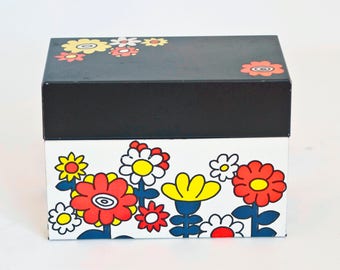 Vintage Tin Recipe Box, 1960s Flower Print Storage Container, Ohio Art Co Recipe File