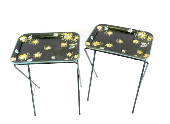 Pair of Vintage Metal Folding TV Tray Tables Black with