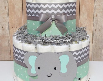 2 Tier Mint & Grey Elephant Diaper Cake, Gender Neutral Baby Shower Centerpiece, Mint, Grey Chevron