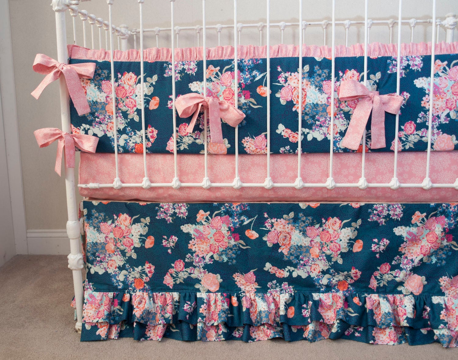 Navy Floral Pink Baby Girl Crib Cot Bedding