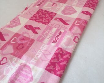 Flannel Pink Ribbon Breast Cancer Awareness Fabric with Encouraging Words, Hope, Love, Together, 30" Long X 42" Wide