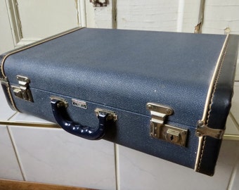 Blue White Suitcase Christie Baggage Hard Sided Vintage Suitcase Mid Century Home Decor Country Cottage Storage