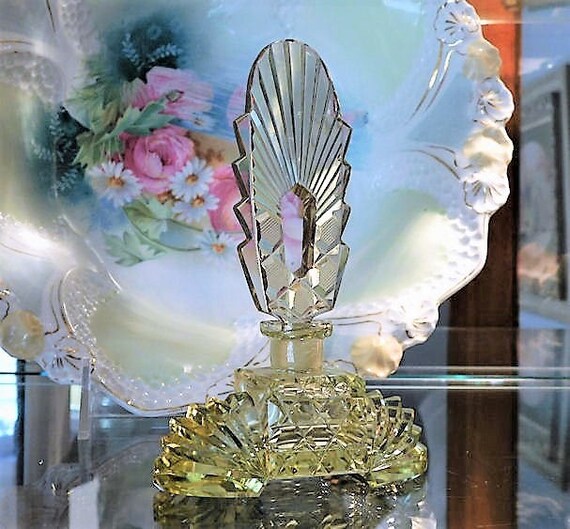 Czech Perfume Bottle Art Deco 1920s 1930s Cut Yellow Crystal Glass Made Czechoslovakia Antique Vintage Vanity Cologne Bohemian Scent Bottle