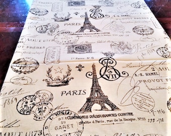 Table Runner, Black Script Table Linen, French Eiffel Tower, Table Cloth/Scarf, French, Banquet, 16''x 72'' Buffet Runner, Dresser Scarf
