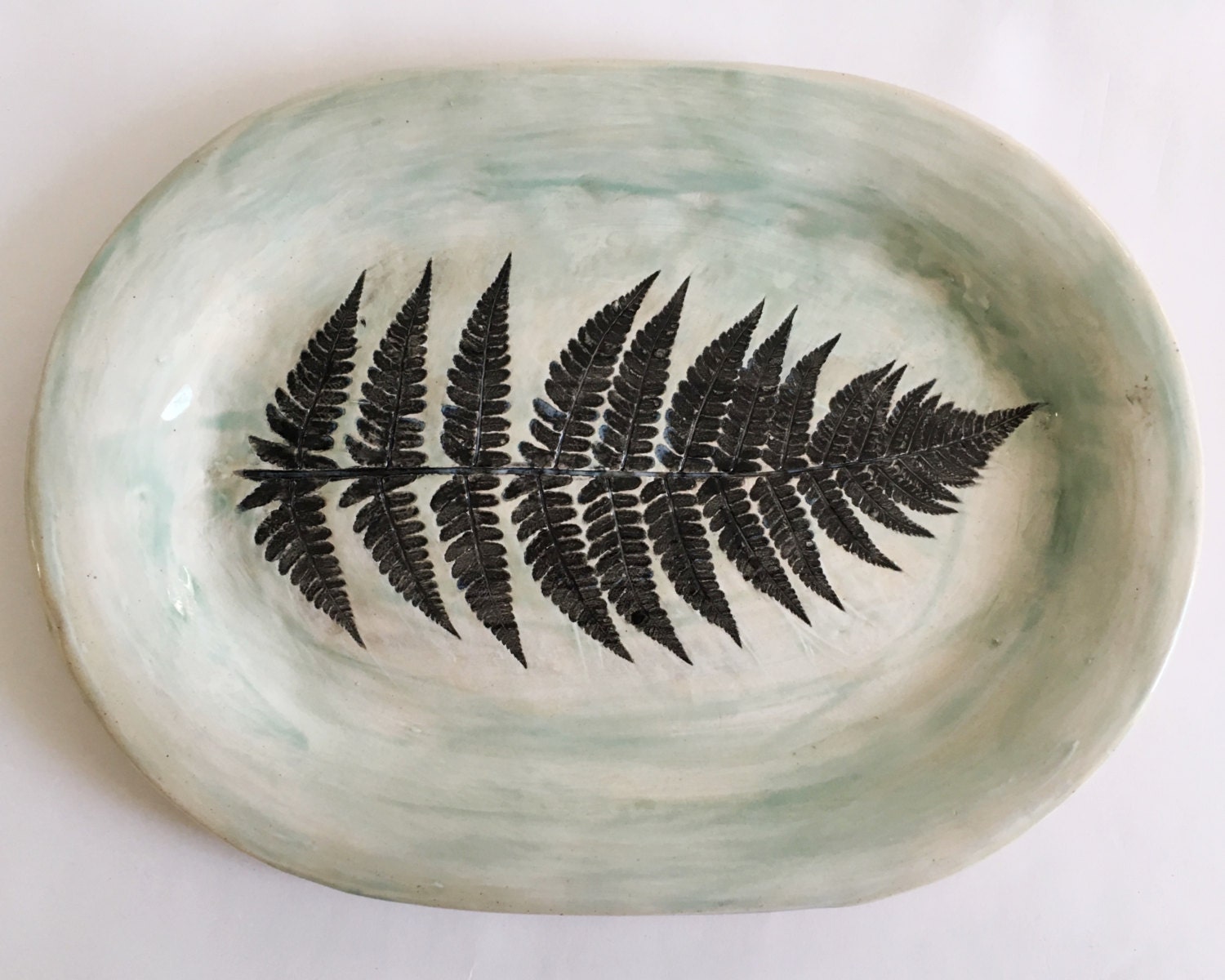 Fern Leaf Pottery Serving Plate Botanical Print Hand Painted