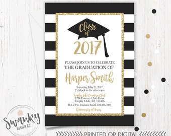 Graduation Invitation, Black and Gold Graduation Party, High School Graduation Invite, College Graduation Invitation, Gold Glitter Invite