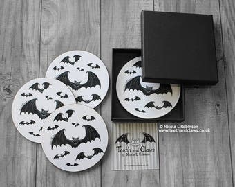 Bat Coasters, Gothic Home Decor, Gothic Gift, Halloween, Set of Coasters, Bats Decor, Geek, Witch, Pagan, Bats, Housewarming Gift, Barware