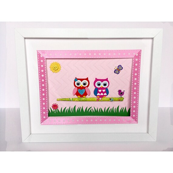 Owls Nursery Baby Girl Pink Framed Pink Owls by GaviotaDecoupage