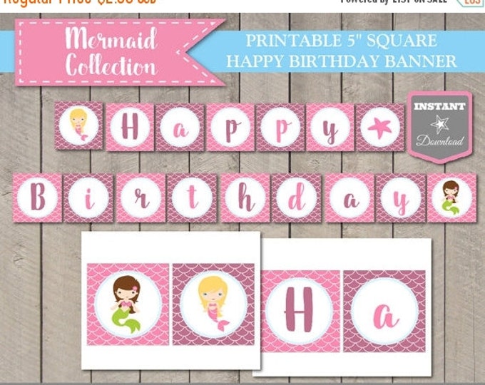 SALE INSTANT DOWNLOAD Printable 5" Square Mermaid Happy Birthday Banner / Mermaid Collection / Item #703