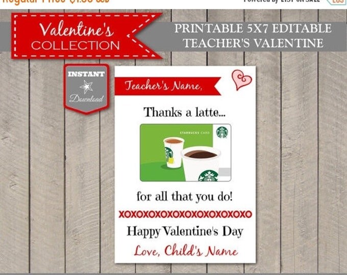 SALE INSTANT DOWNLOAD Editable 5x7 Thanks a Latte Teacher Valentine Card / Insert Gift Card / You Type Names / Valentine's Collection