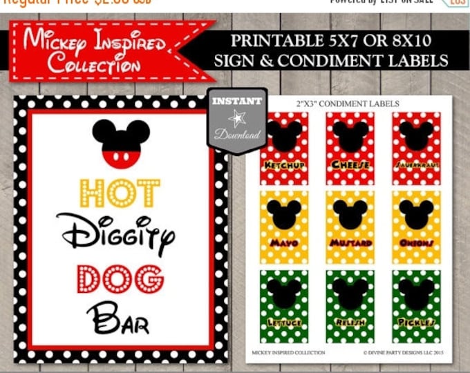 SALE INSTANT DOWNLOAD Mouse Hot Diggity Dog Bar Party Sign / Free Condiment Labels / Black / Classic Mouse Collection / Item #1527