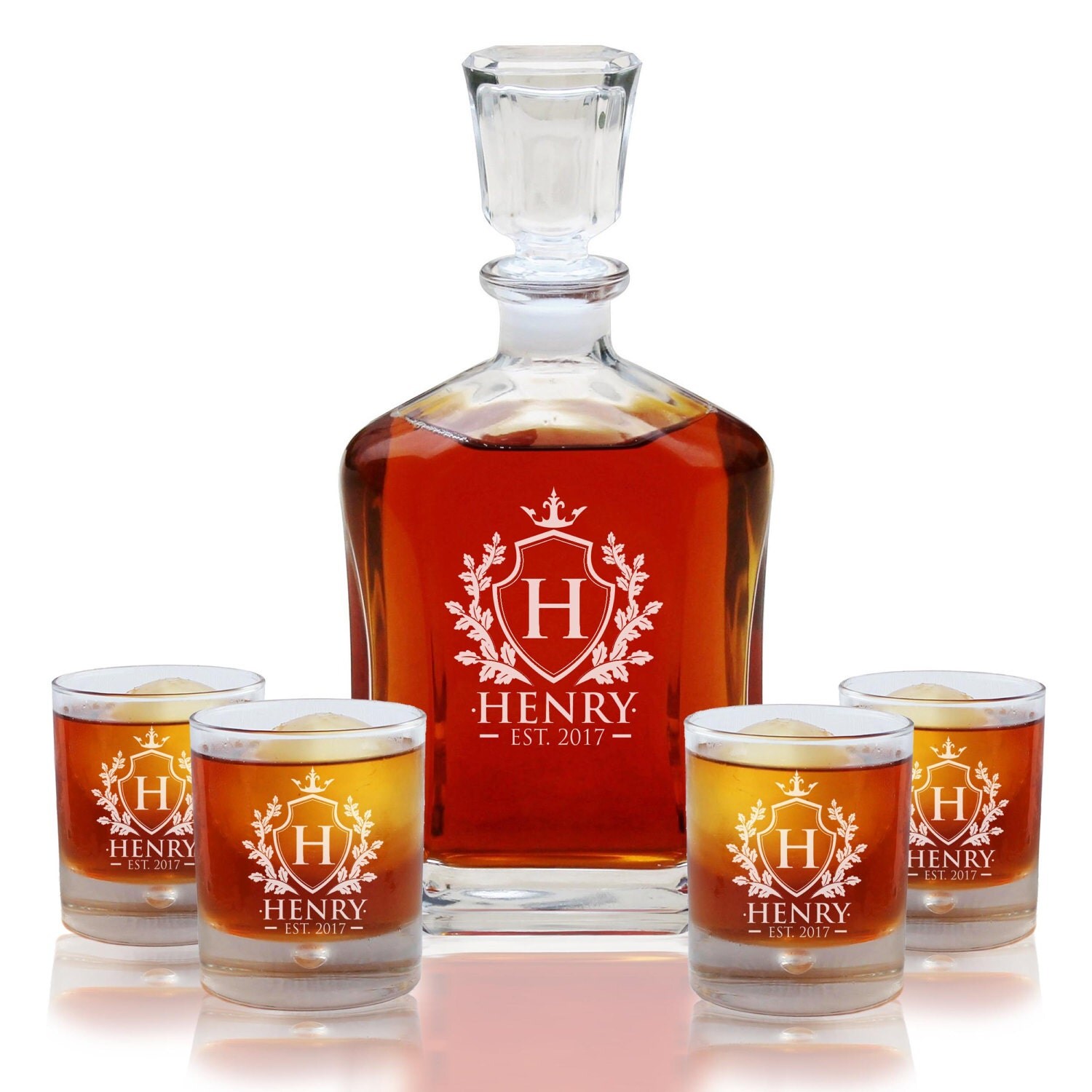 Personalized Whiskey Decanter Set With 4 Whiskey Glasses