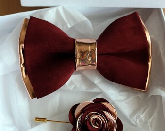 Rose Gold and burgundy leather bow tie for men, rose gold wedding bow tie,wedding burgundy boutonnere, genuine rose gold leahther bow tie