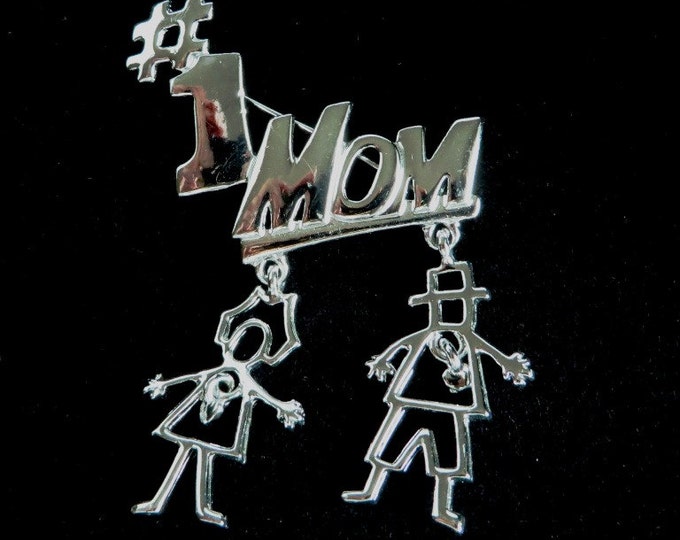 AJC #1 Mom Brooch, Vintage Silver Tone Pin, Dangling Kids Pin