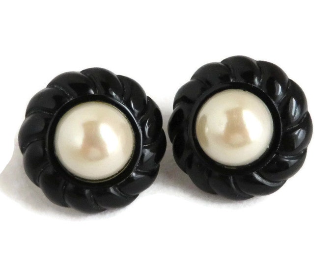 Vintage Faux Pearl Button Earrings, Round Black Scalloped Edge Clip-ons