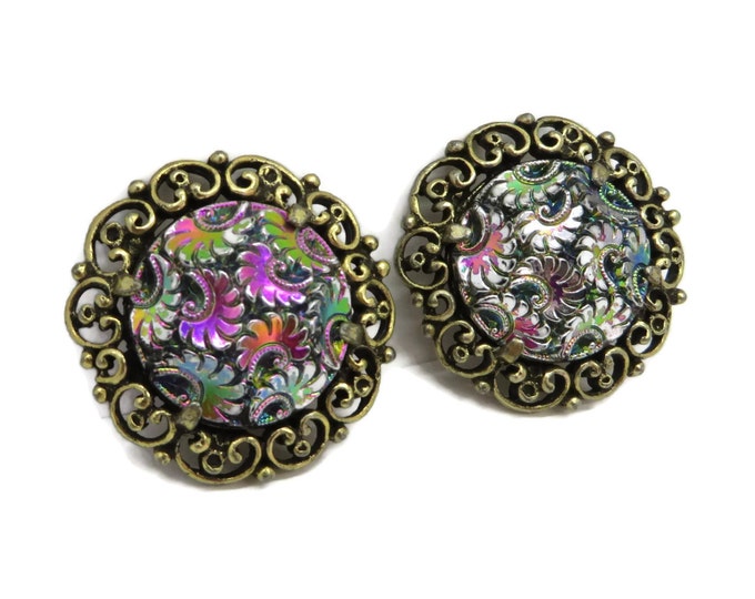 Judy Lee Iridescent Earrings - Vintage Signed Designer Gold Tone Flower Swirl Clip-ons, Gift for Her, Gift Boxed