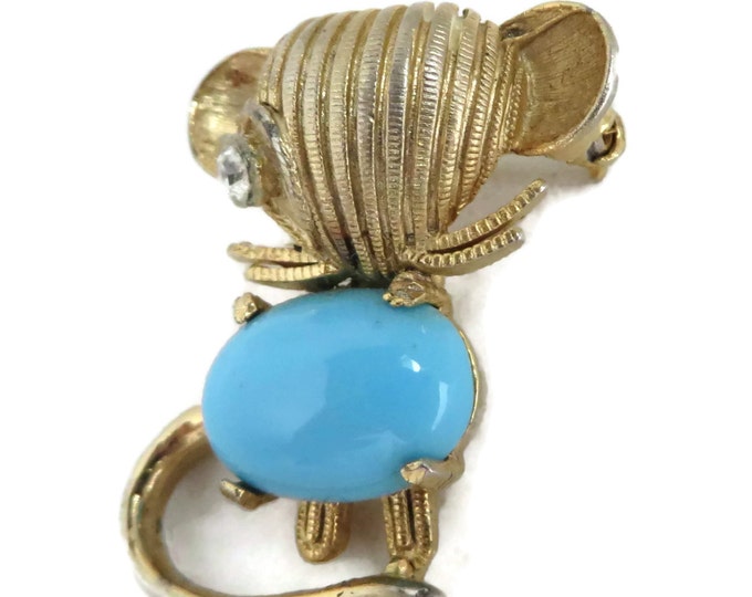 ON SALE! WEISS Mouse Brooch, Vintage Blue Gold Tone Pin Costume Jewelry Estate Gift Idea