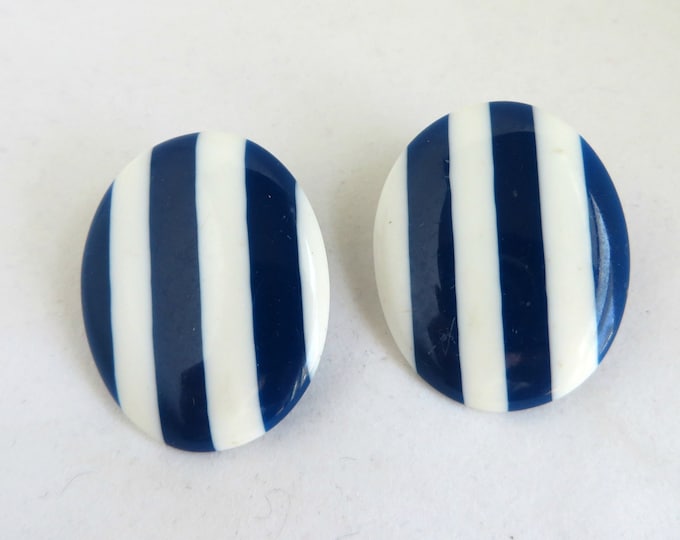Vintage Blue and White Striped Lucite Oval Clip-on Earrings