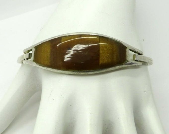ON SALE! Alpaca Mexico Brown Inlay Hinged Cuff Vintage Bracelet