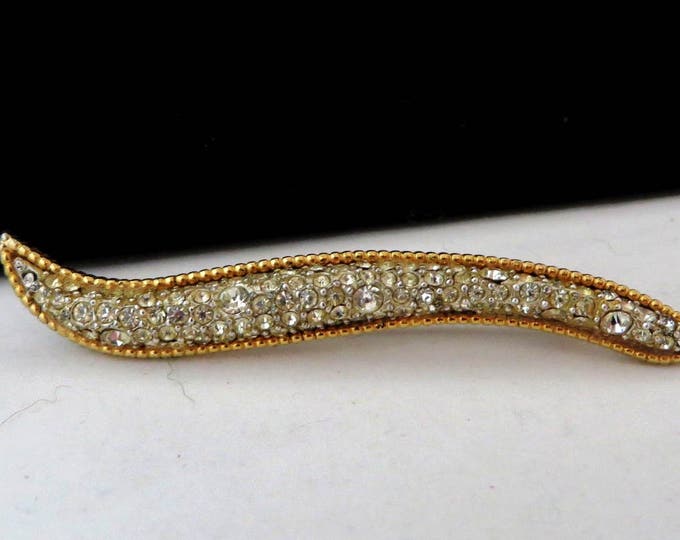 Hattie Carnegie Rhinestone Gold Tone Vintage Curved Bar Brooch